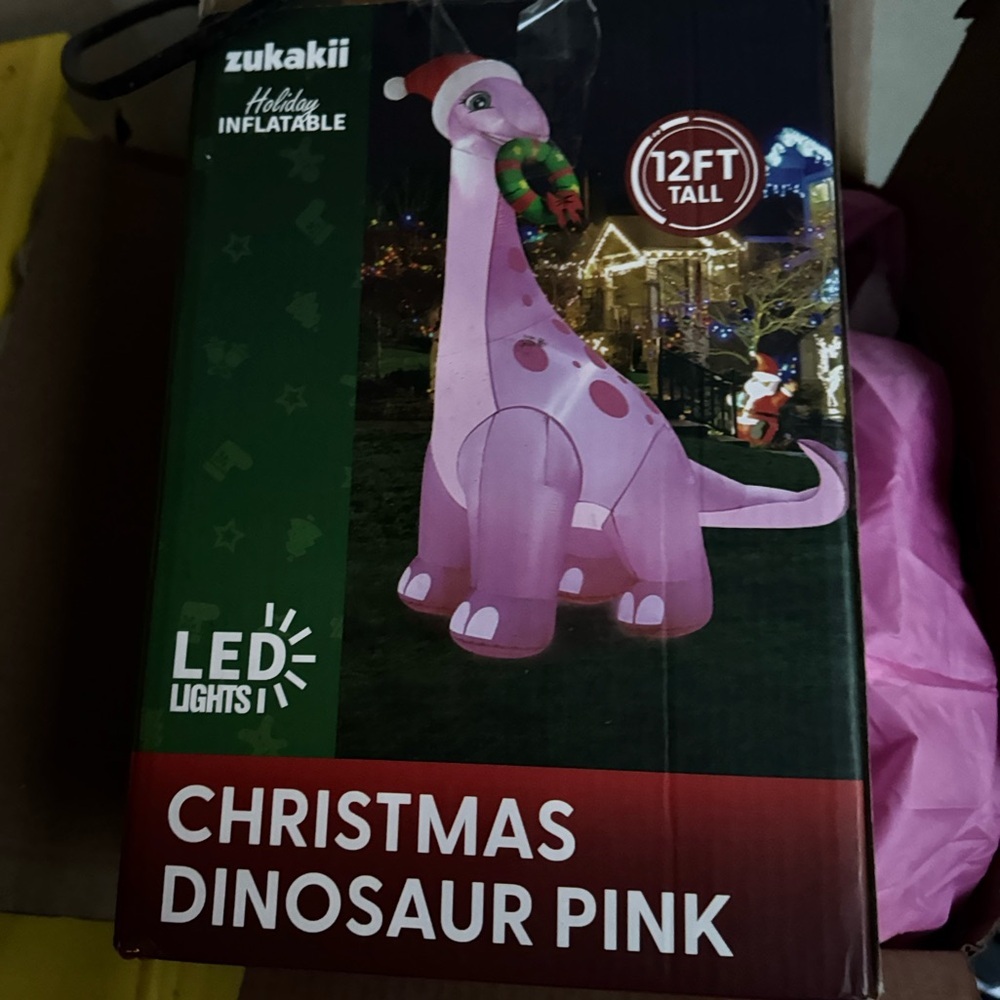 Inflatable dinosaur 12ft tall Pink Christmas yard Inflatable LED Lights wreath